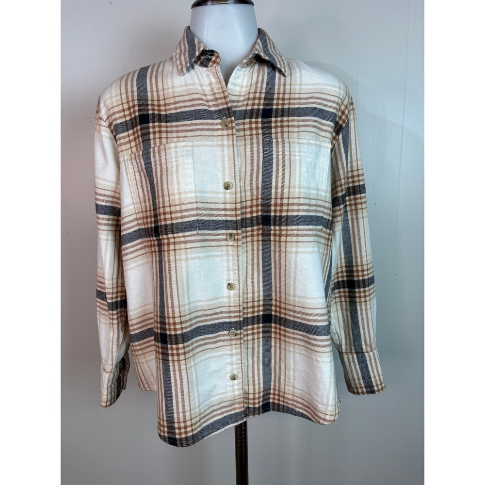 Old Navy The Boyfriend Shirt XS Beige Plaid Button Front Flannel Cotton Top